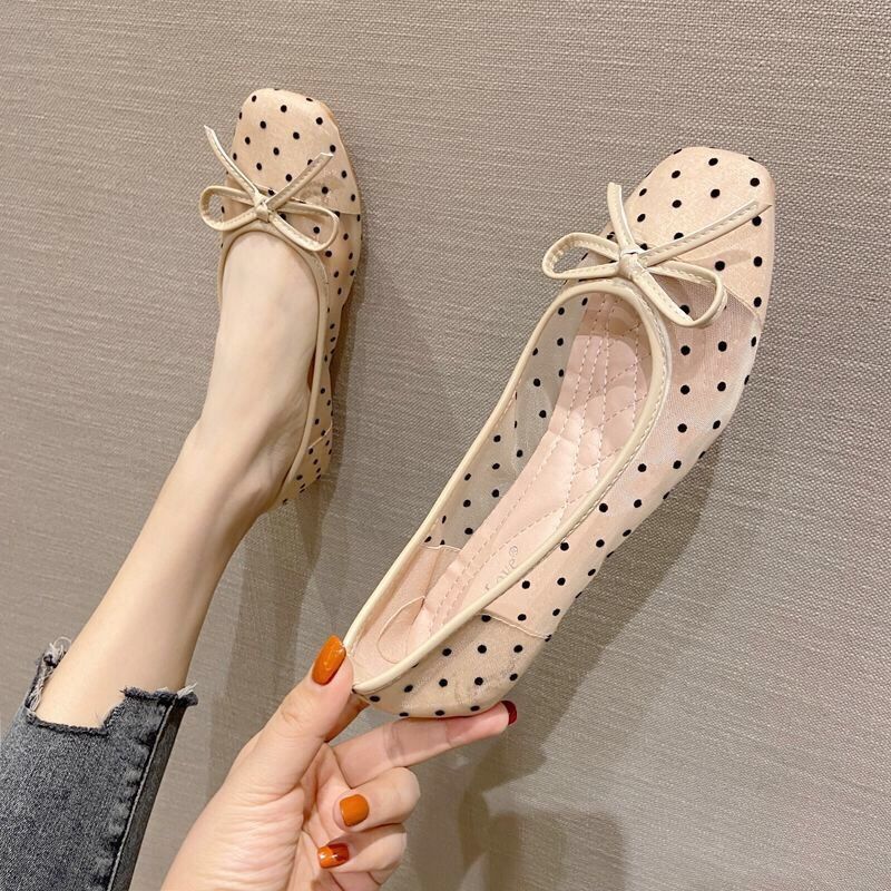 Mesh Fairy Summer Versatile Square Toe Flat Bow Casual Shoes