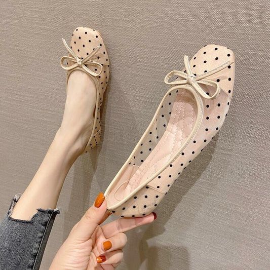 Mesh Fairy Summer Versatile Square Toe Flat Bow Casual Shoes