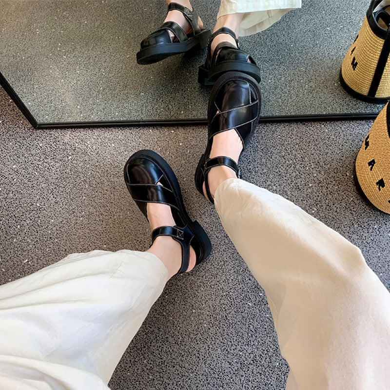 Grape Mom Summer Cross Surface Platform Chunky Buckle Heels