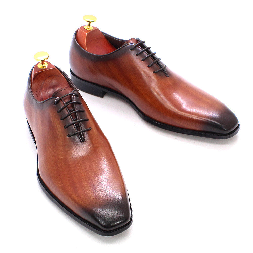 Men's High-grade Cowhide Gray Brown One Piece Handmade Wedding Banquet Leather Shoes