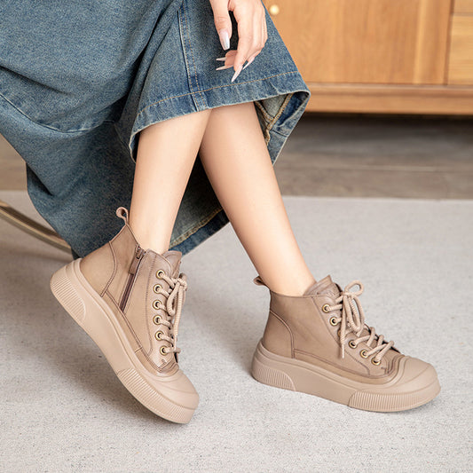 Women's Autumn First Layer Cowhide Platform Retro Sneakers