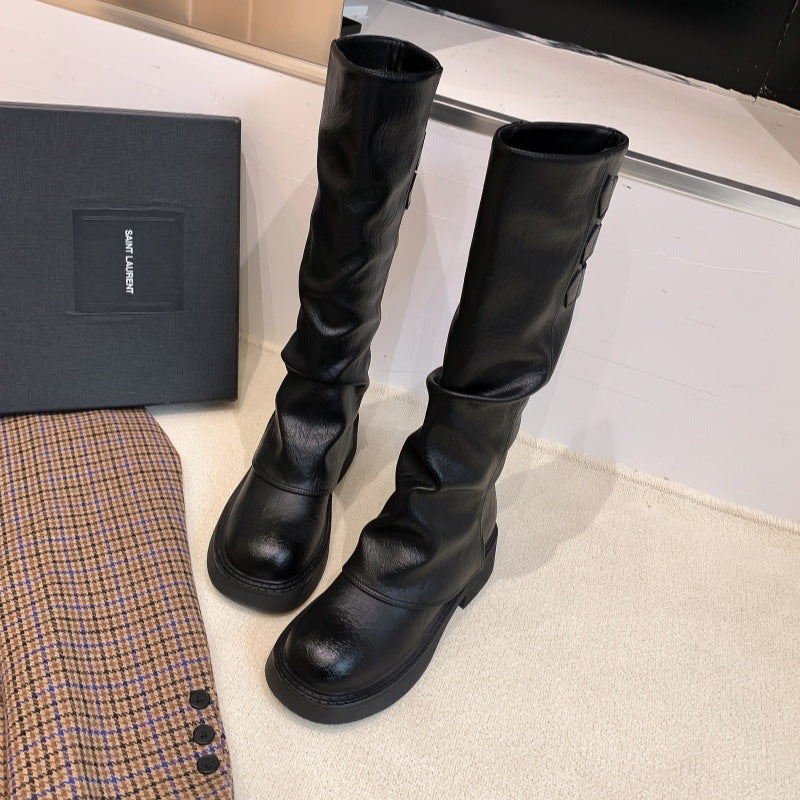 Women's Thick Bottom Chunky Pantyhose Belt Buckle Boots