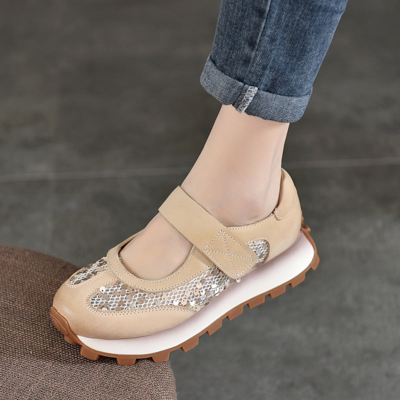 Women's Sports Velcro Genuine First Layer Cowhide Leather Shoes