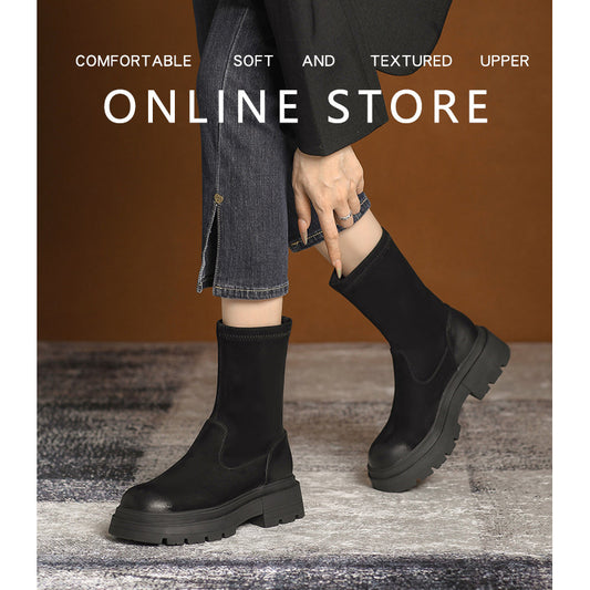 Women's French Style Temperament Short Suede Thick Boots