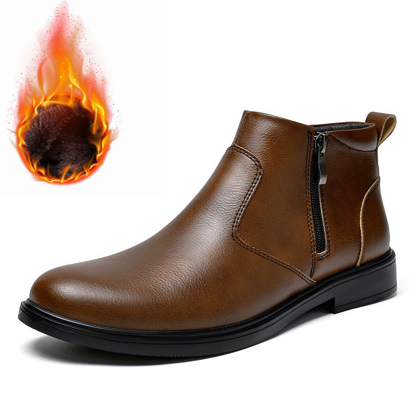 Men's Leisure Sleeve Side Zipper Cowhide Surface Boots