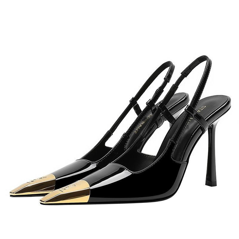 Women's Metal Square Toe Stiletto High Closed Black Thin Color Matching Heels