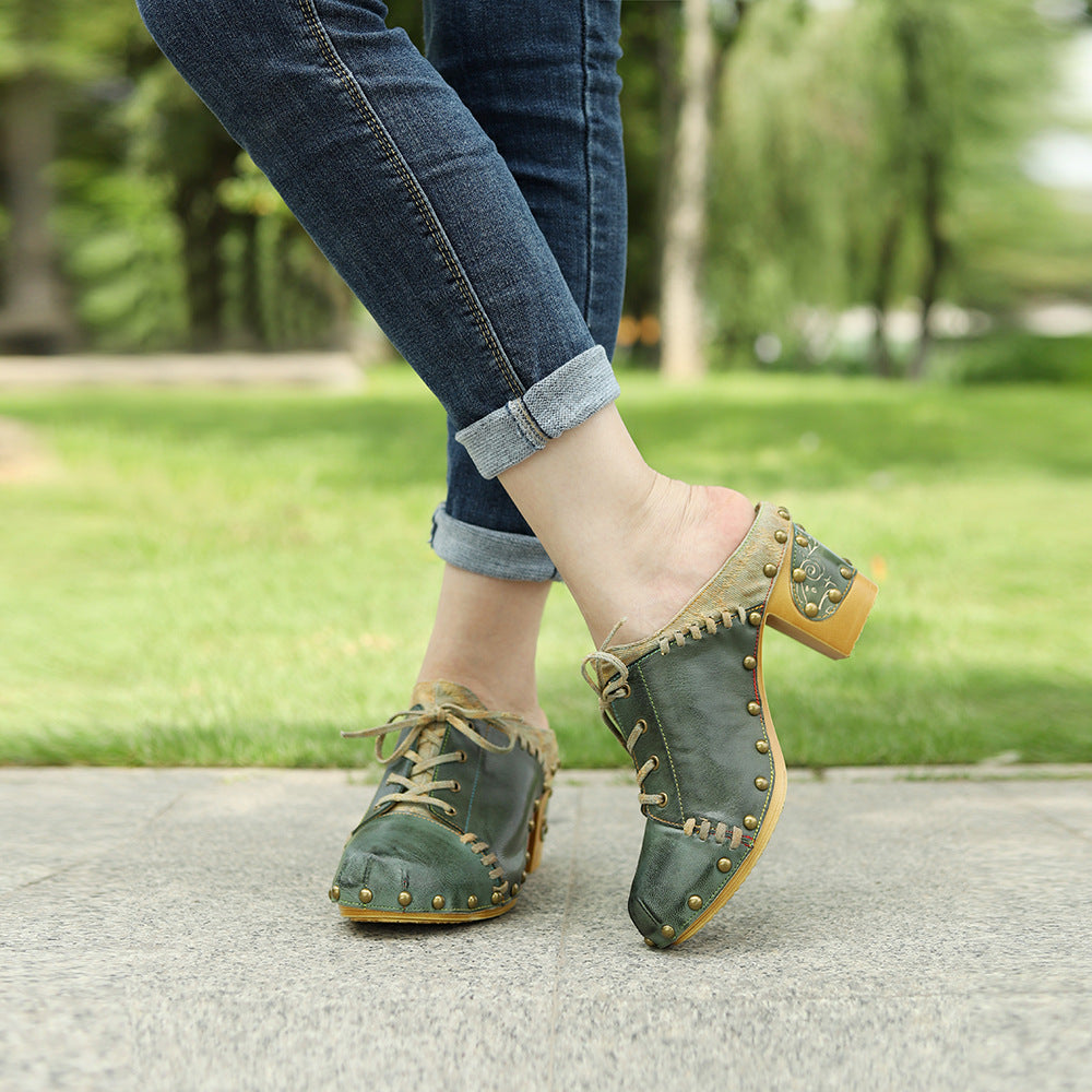 Genuine Hand-rub Color Retro Street Style Rivet Heels