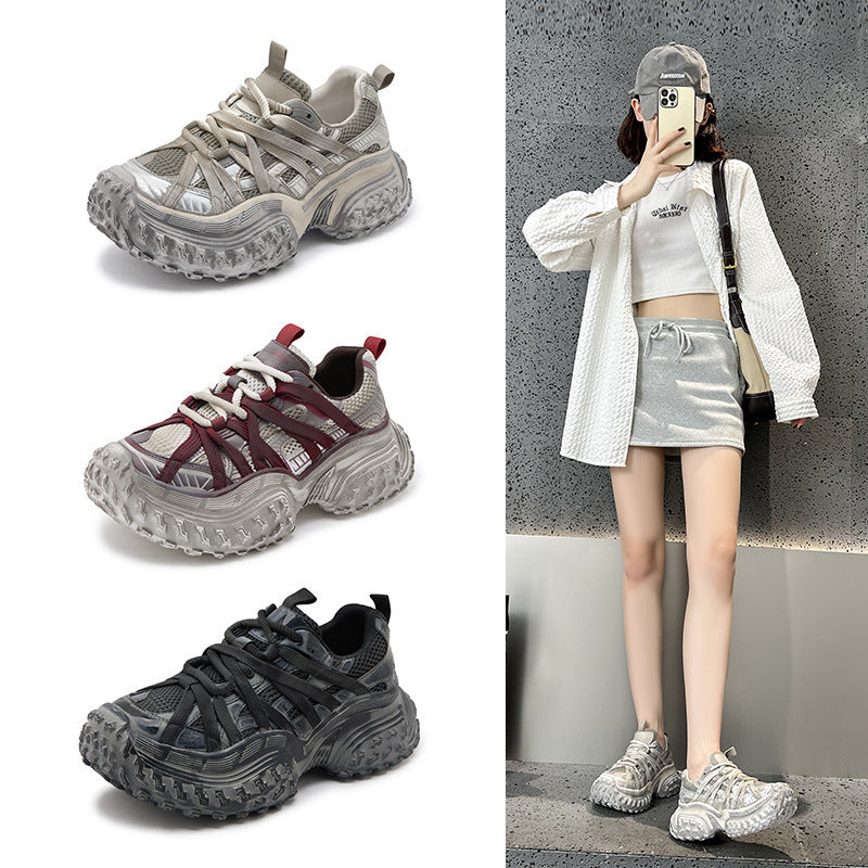 Women's Paris Retro Rub Colored Distressed Red Dad Autumn Thick Bottom Women's Sports Shoes