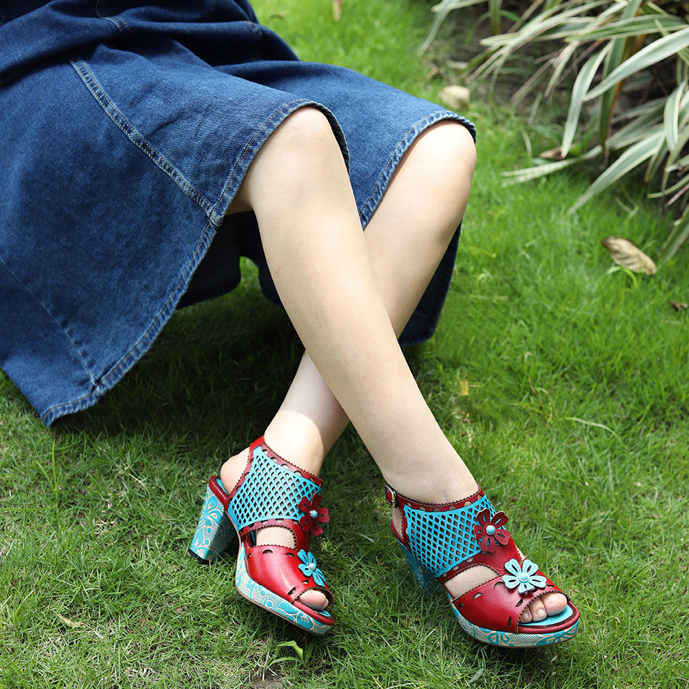 Genuine Hand-rub Color Retro Hollow Design Heels