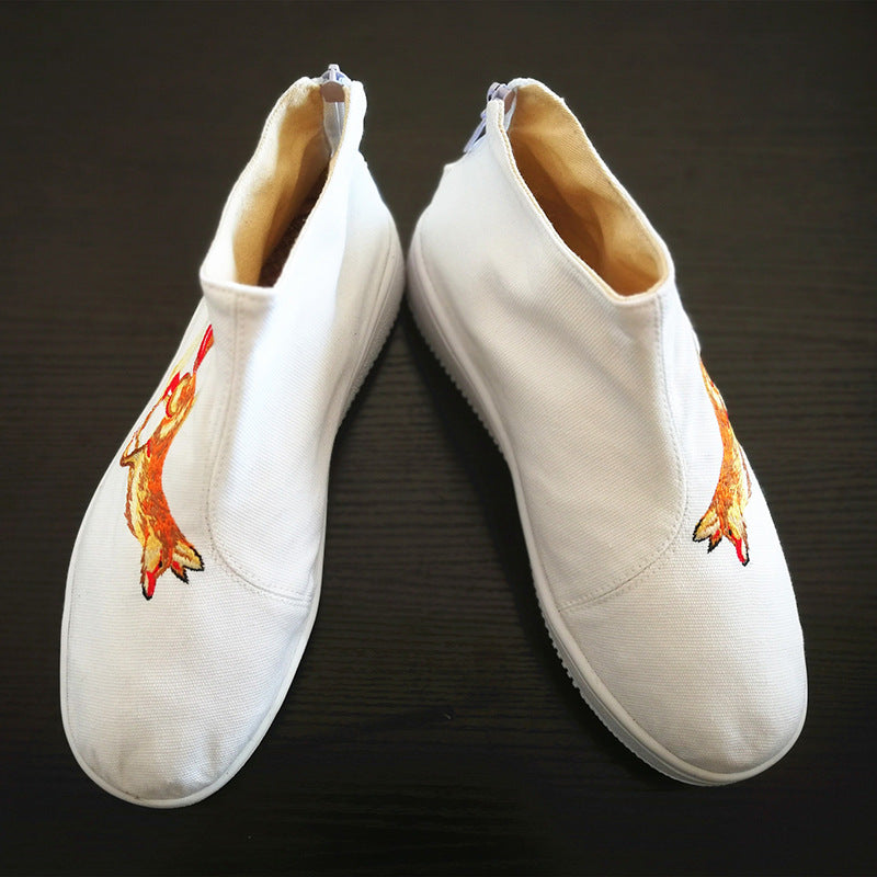 Men's Fox Embroidered White Chinese Artistic Style Rubber Canvas Shoes