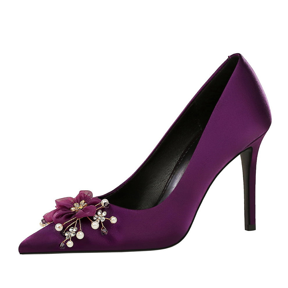 Women's Flower Beaded Thin Glittering Pointed High Dress Main Wedding Women's Fashion Shoes