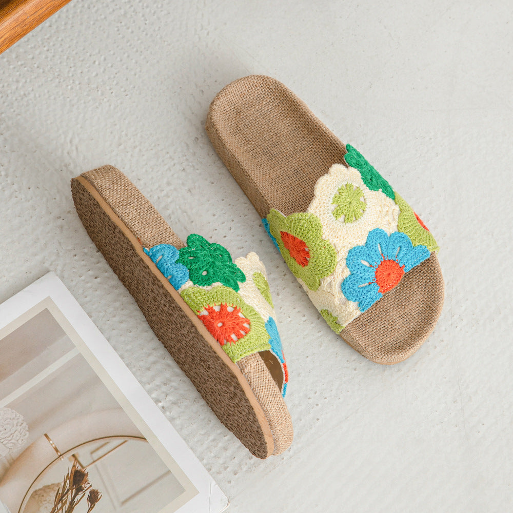 Attractive Blue Summer Breathable Linen Embroidery Sandals