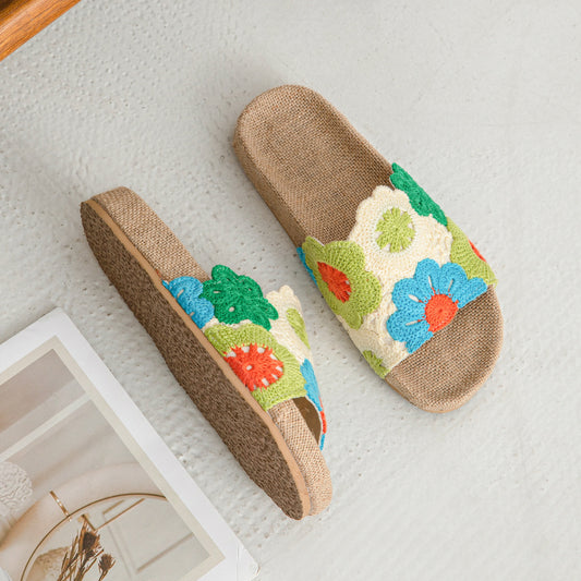 Attractive Blue Summer Breathable Linen Embroidery Sandals