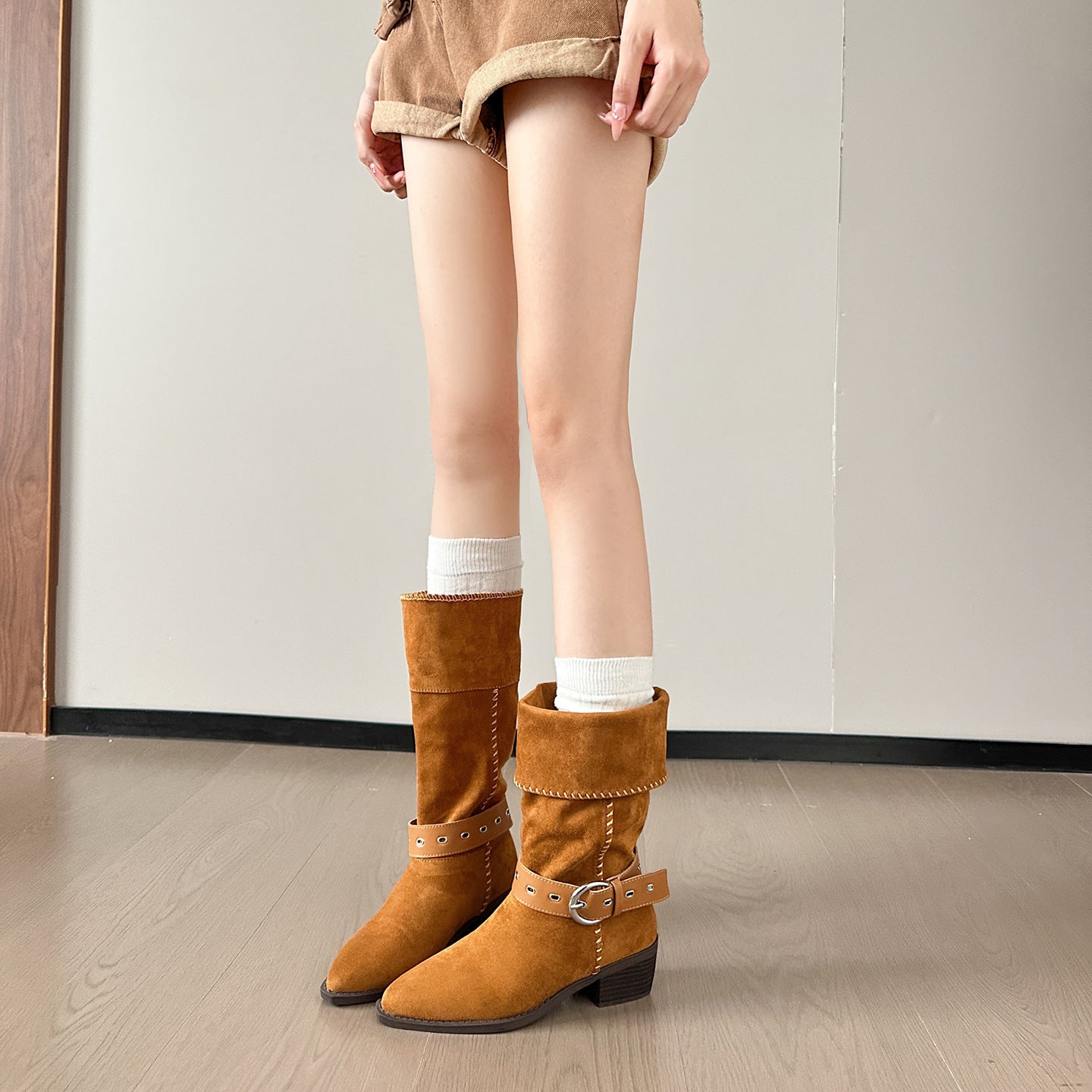 Autumn Belt Buckle Knight Short Mid Boots