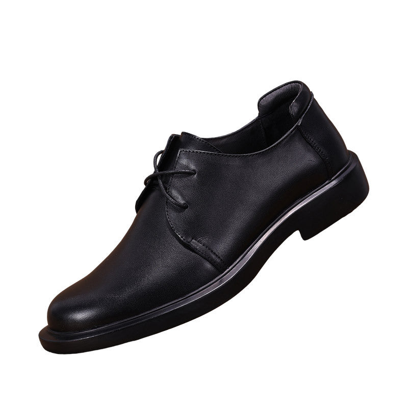 Men's Black String Strap Round Toe Pigskin Leather Shoes