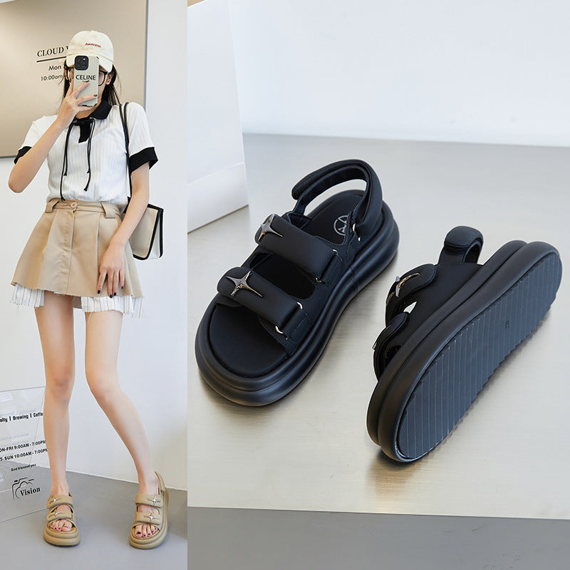 Women's Summer Wear Black Peep Toe Flat Sandals