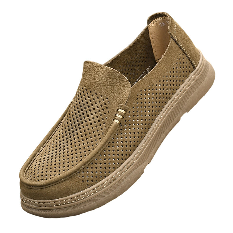 Men's Surface Hollowed First Layer Cowhide Round Toe Perforated Casual Shoes