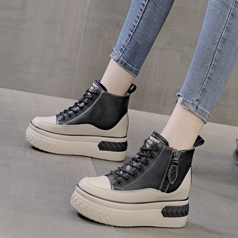 Women's Cowhide Autumn Platform High Height Increasing Heels