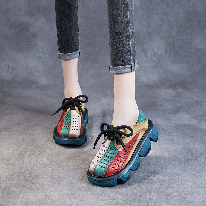 Women's Style Retro Platform Contrast Color Hollow Hole Top Layer Sandals