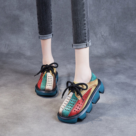 Women's Style Retro Platform Contrast Color Hollow Hole Top Layer Sandals