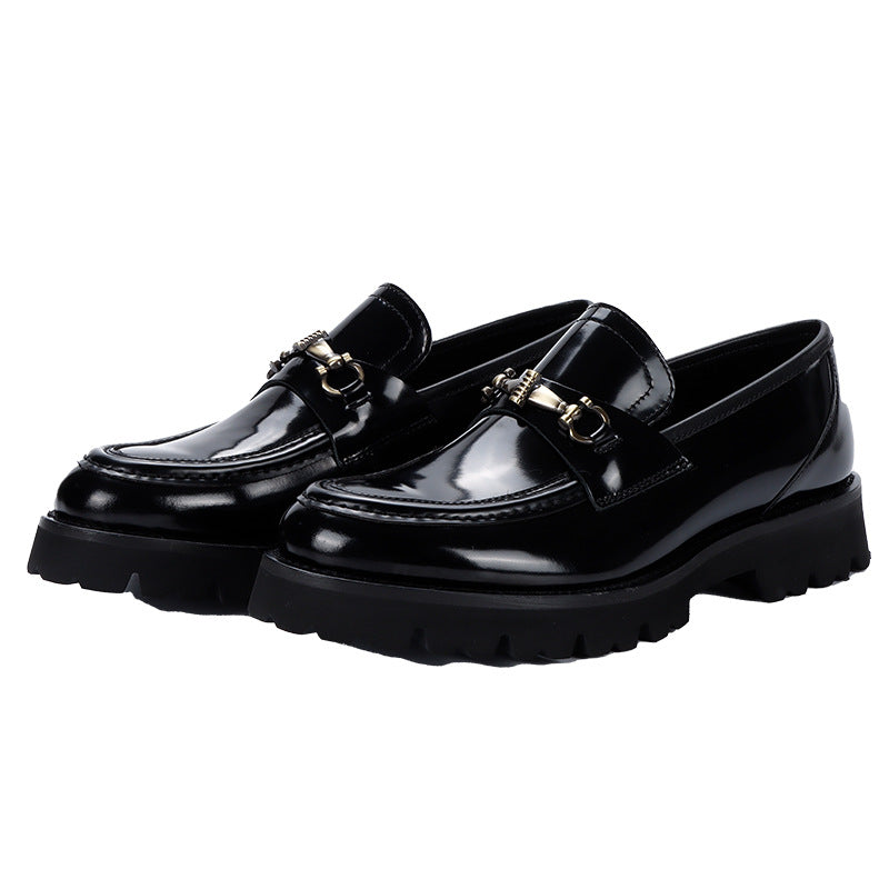 Trendy Chain Buckle Breathable Thick Bottom Black Leather Shoes