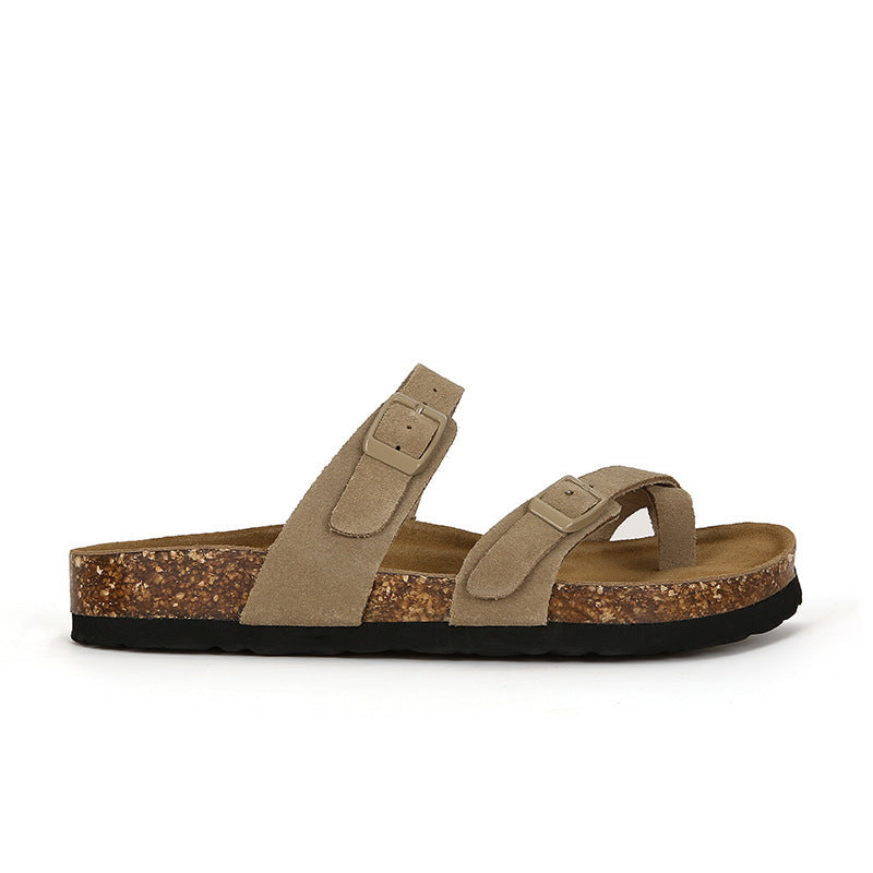 Women's Su Cowhide Summer Wear Toe Covering Slippers