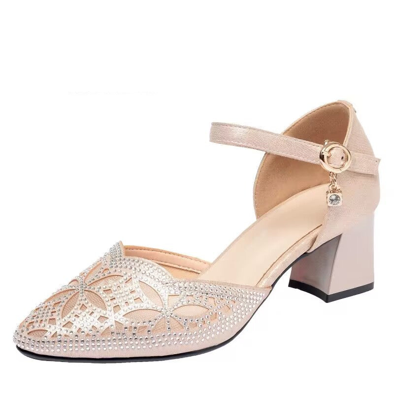 Women's Summer Mesh Thick Toe Box Hollow Heels