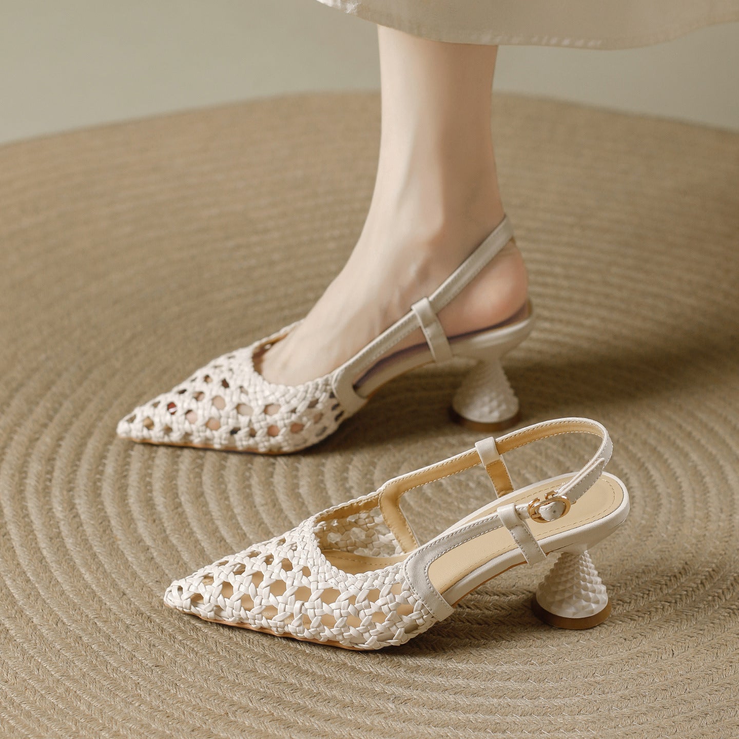 Women's Woven High Summer Breathable Strap Shallow Mouth Heels