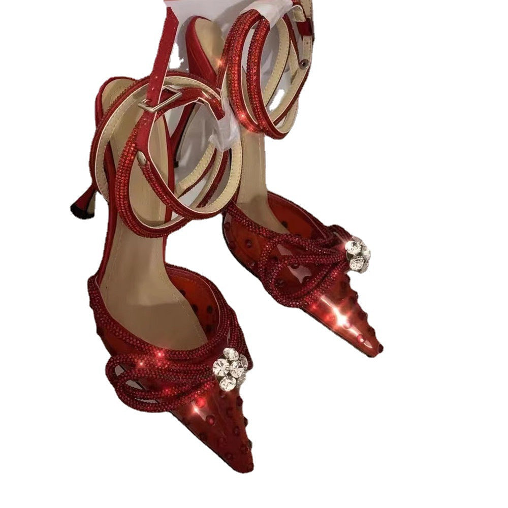 Women's Bowknot Color Rhinestone Pointed Toe Transparent Heels