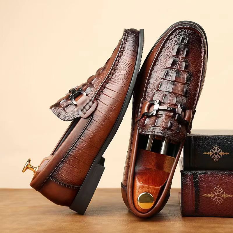 Men's Spring Breathable Trendy Crocodile Pattern British Men's Business Leather Shoes
