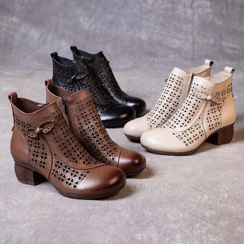 Women's Retro Thick High Round Toe Hollow Hole Heels