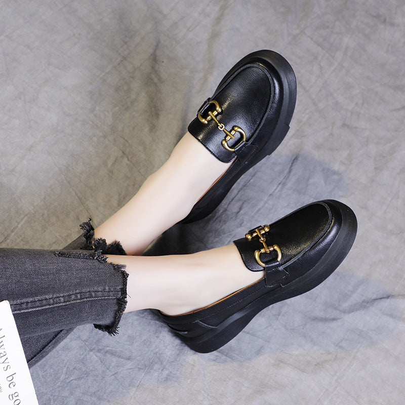 Women's Large Size Flat Bottom Pumps Rubber Soft Retro Leather Shoes