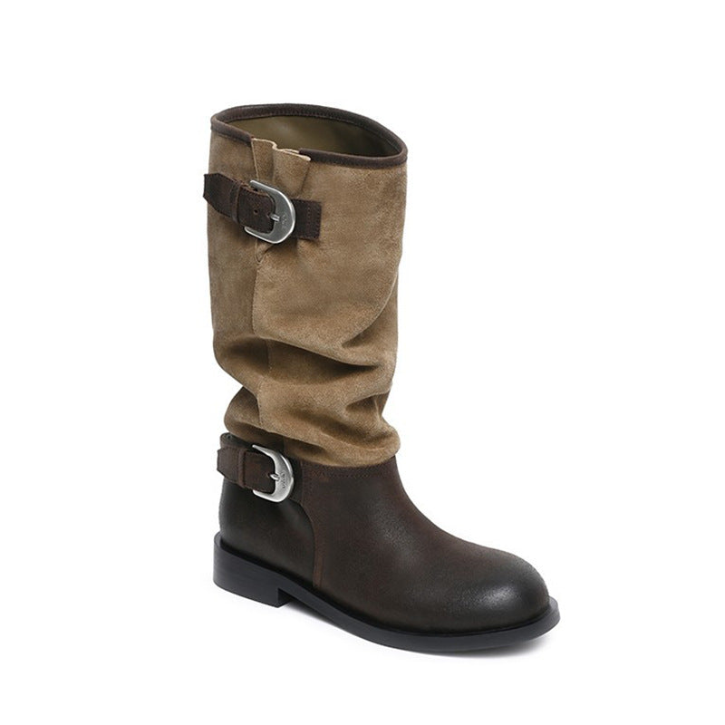 Women's Retro Pleated Pile Style Middle Belt Buckle Big Tube Boots