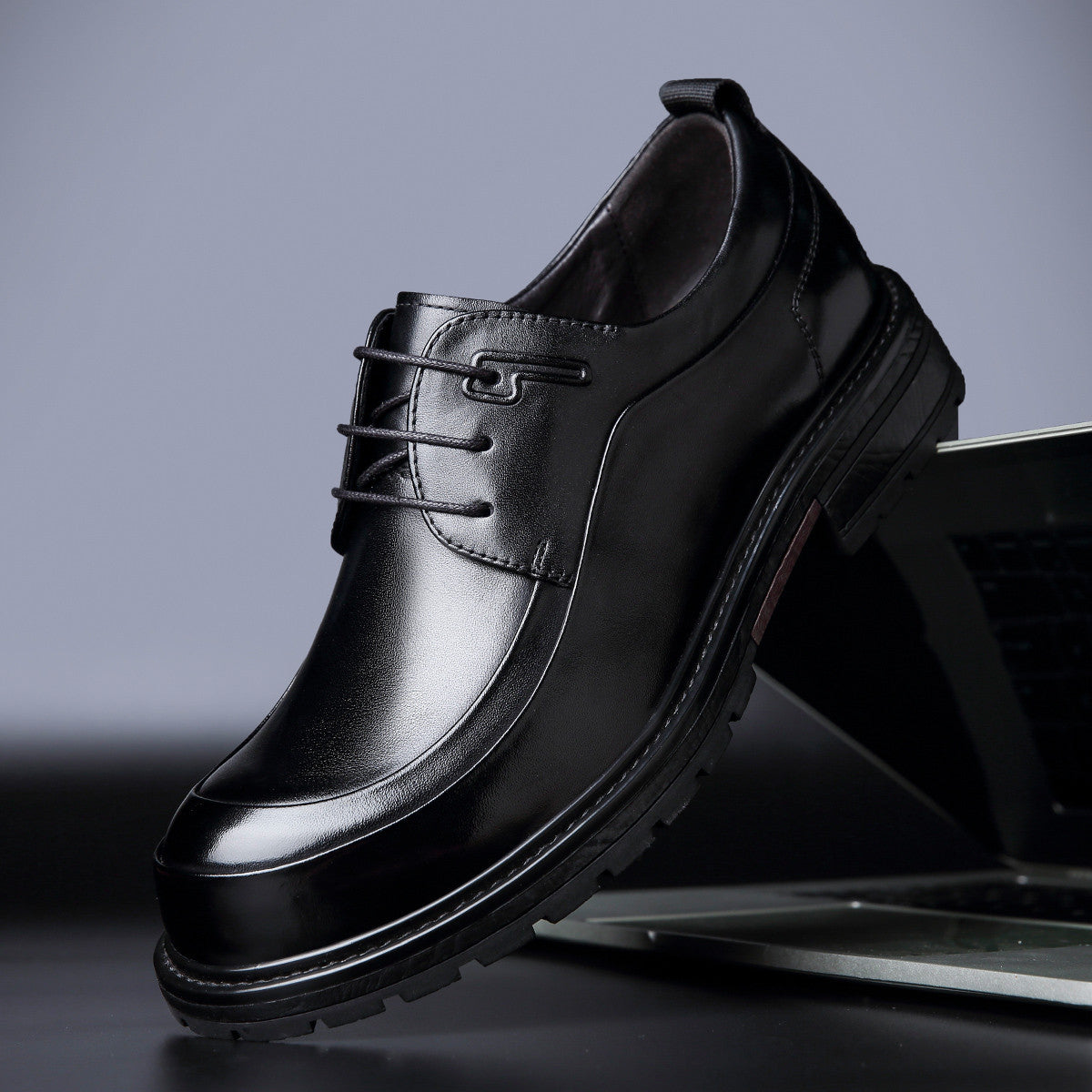 Men's Round Head Suit High Block Plus Leather Shoes