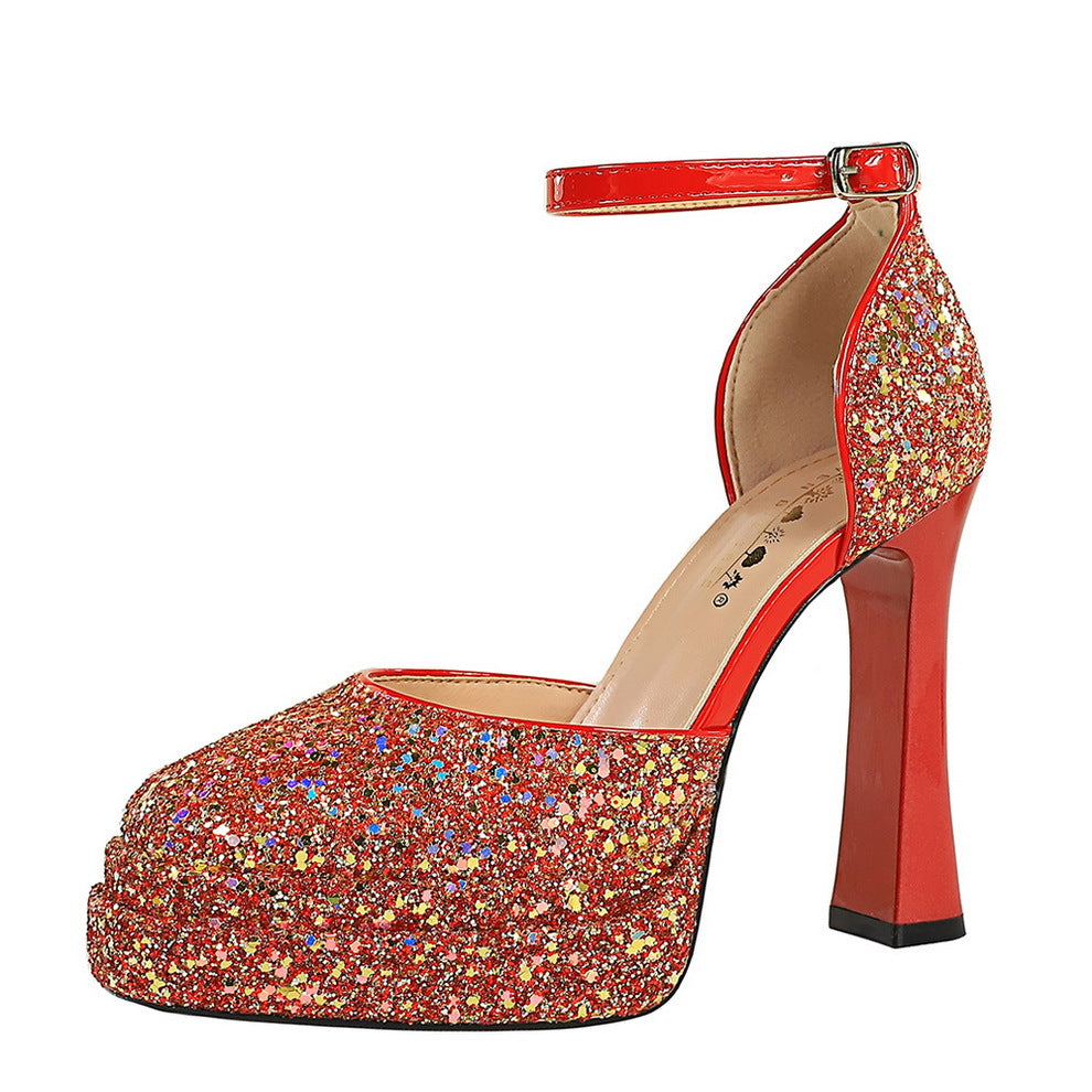 Women's High Sequin Hollow Waterproof Platform Round Heels