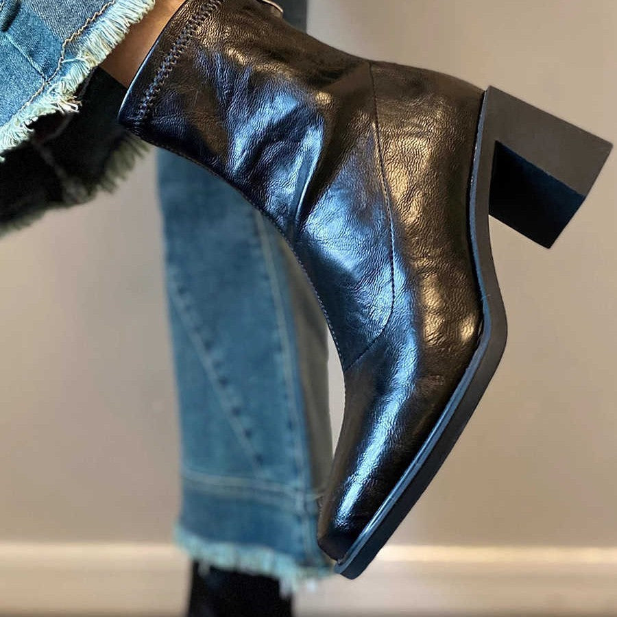 Women's High Mute Square Toe Skinny Ankle Thick Vintage Martin Heels