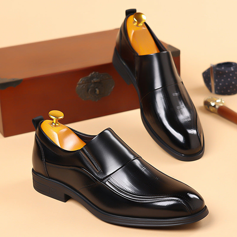 Men's Slip-on First Layer Cowhide Pointed Business Commuter Black Wedding Leather Shoes