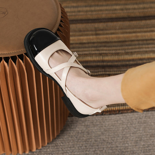 Women's With Color Block Chunky Pumps Mary Leather Shoes