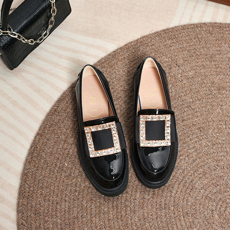 Women's Square Buckle Round Toe Pumps Metal Rhinestone Raise Leather Shoes