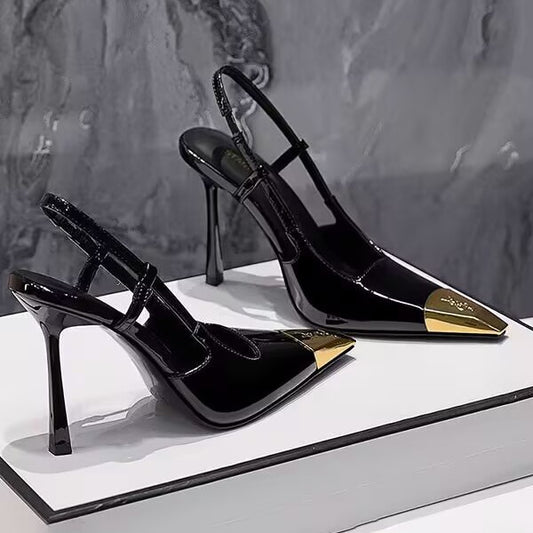 Women's Metal Square Toe Stiletto Cap Black Heels