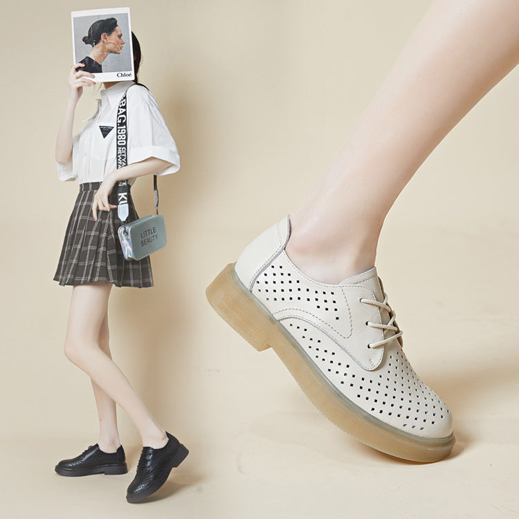 Women's Layer Cowhide Pure Hollow Hole Flat Women's Shoes