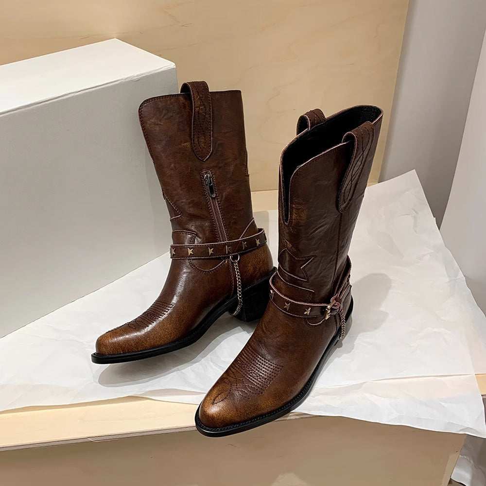 Women's Belt Buckle Side Zipper Chunky Knee-high Boots
