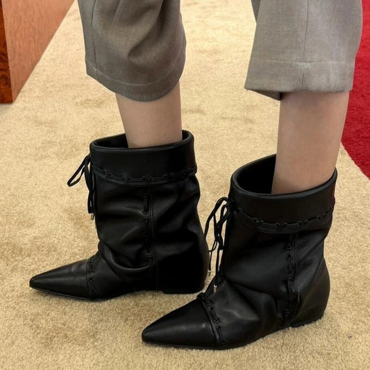 Women's Version Niche Pleated Pointed Western Cowboy Short Wide Boots