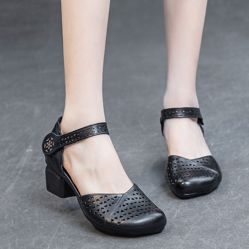 Women's Thick Mid Punching Hollow Out Velcro Heels