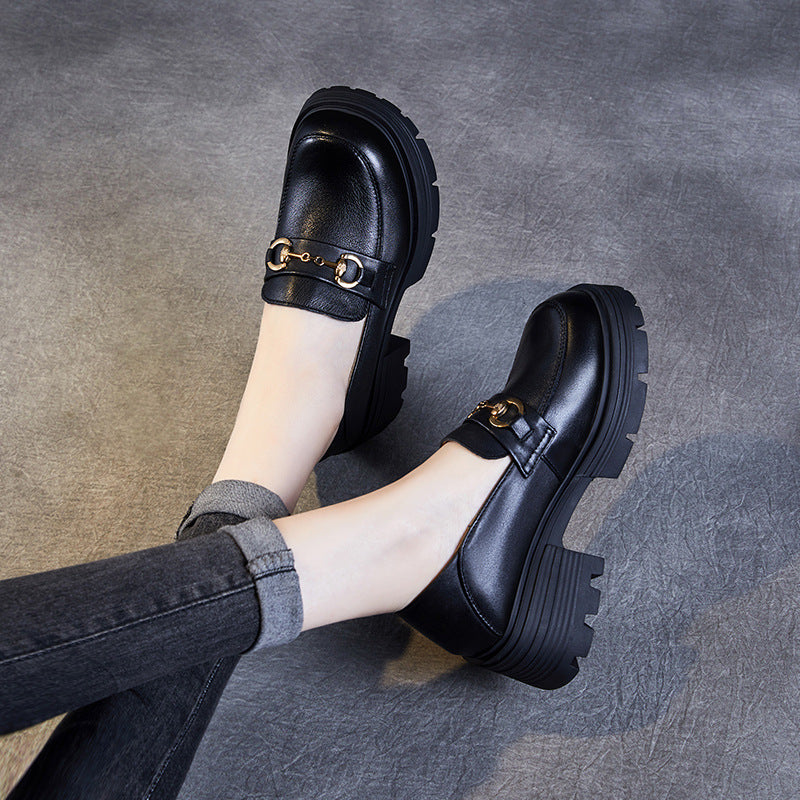 Women's Genuine Platform British Style Mid Uniform Metal Buckle Heightened Loafers