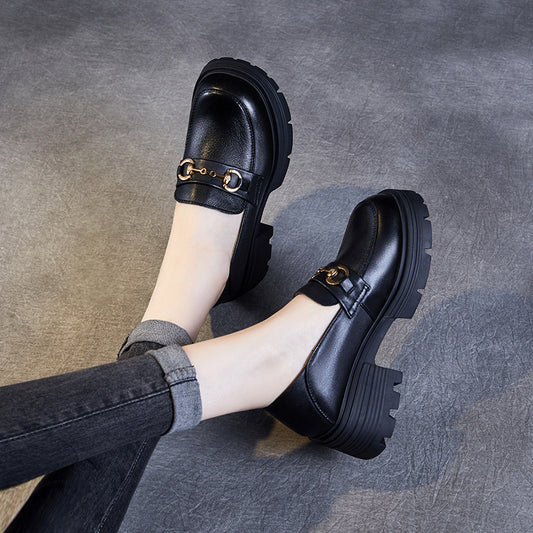 Women's Genuine Platform British Style Mid Uniform Metal Buckle Heightened Loafers