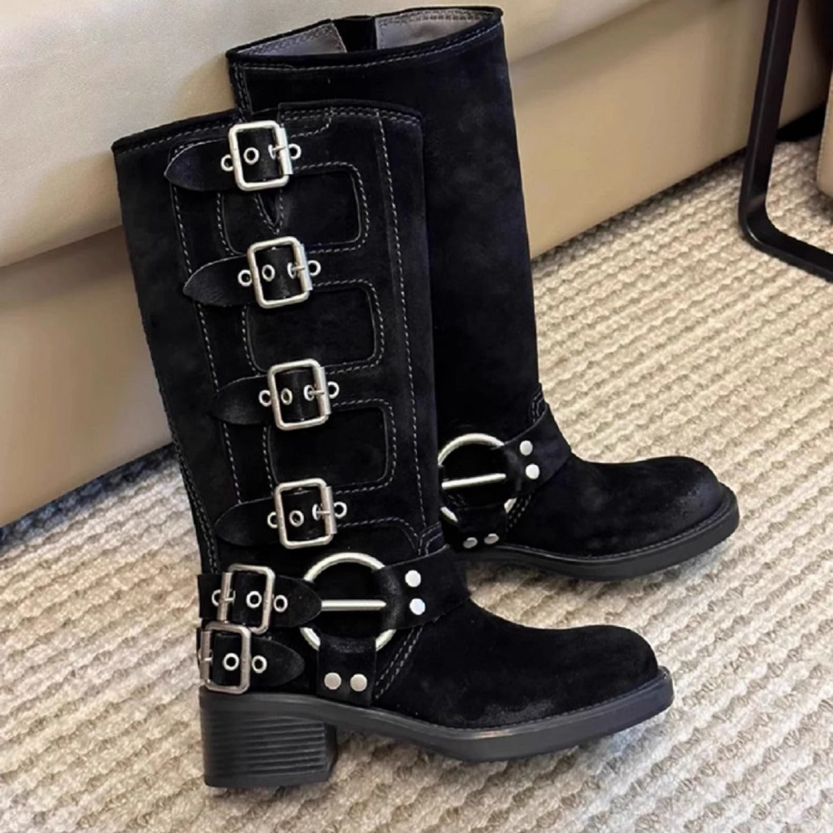 Suede Vintage Knight Belt Buckle High Boots