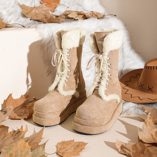 Women's Platform Fleece-lined Knight Thermal Middle Tube Snow Boots