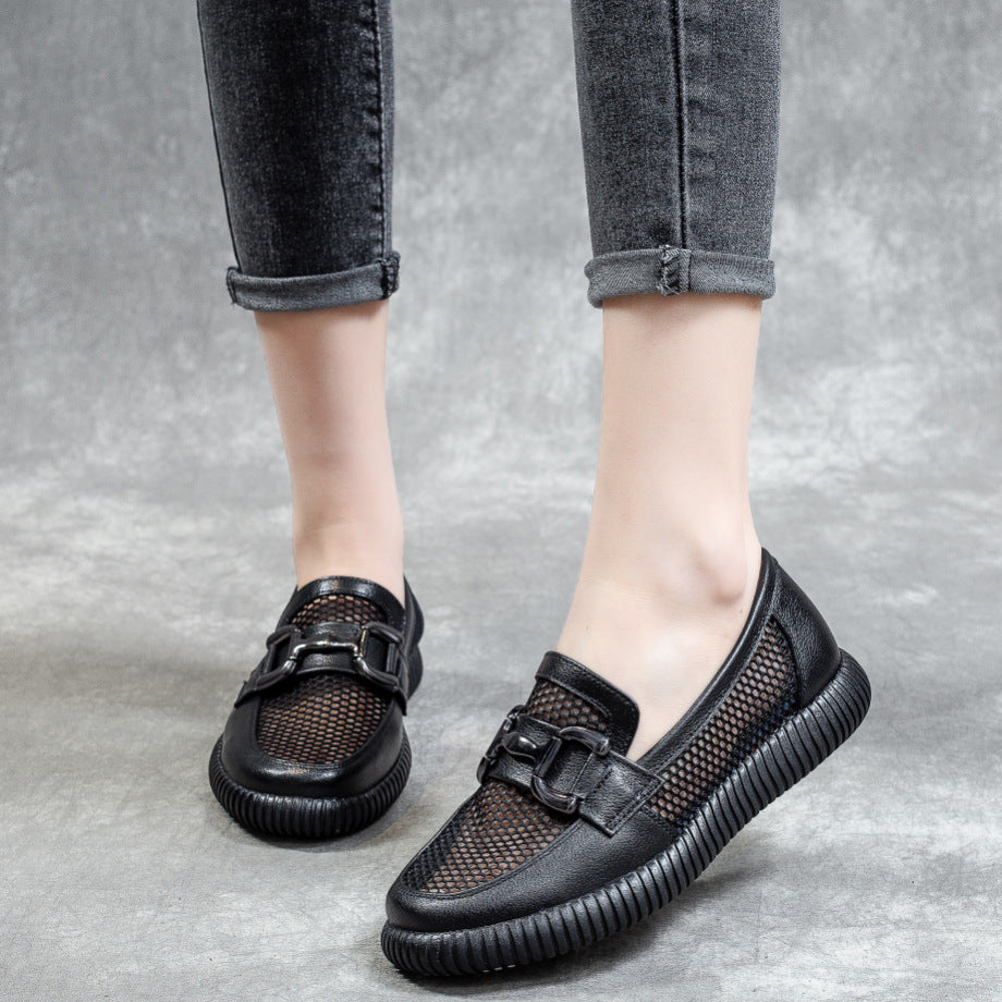 Women's Layer Cowhide Hollow Slip-on Breathable Pumps Loafers