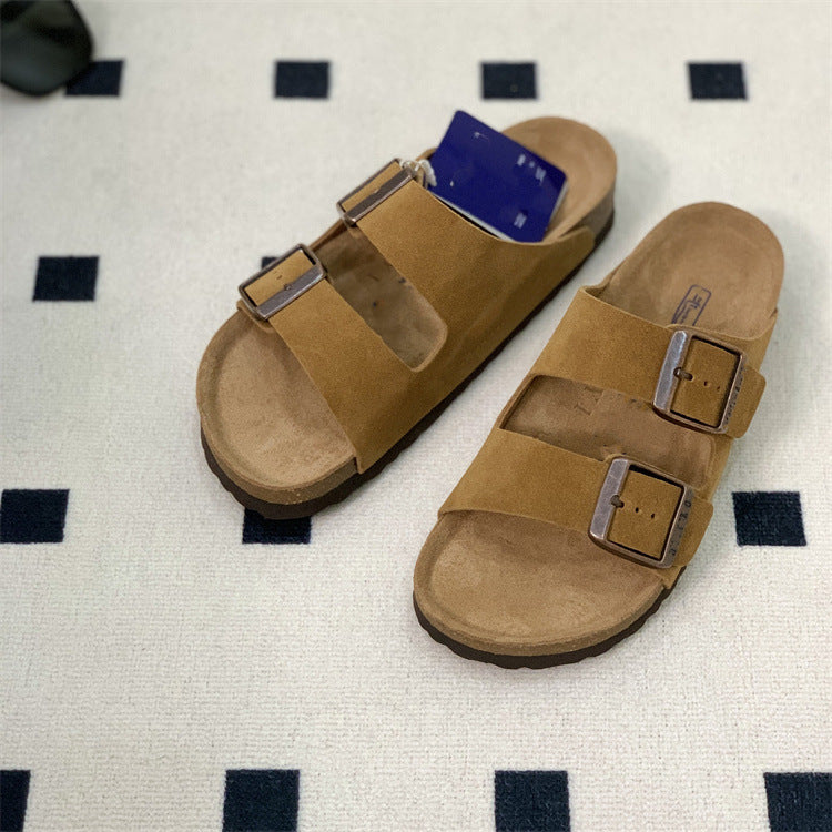 Women's & Men's Summer Cowhide Cork Two-word Platform Outerwear Slippers